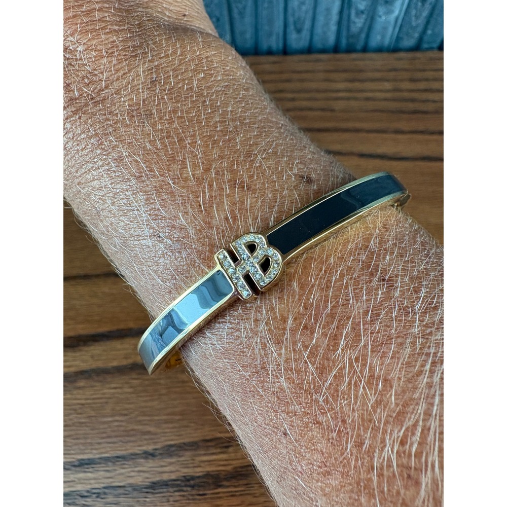 Henri Bendel Crystal HB Logo Enamel Hinged Bangle Bracelet Gold Tone brown